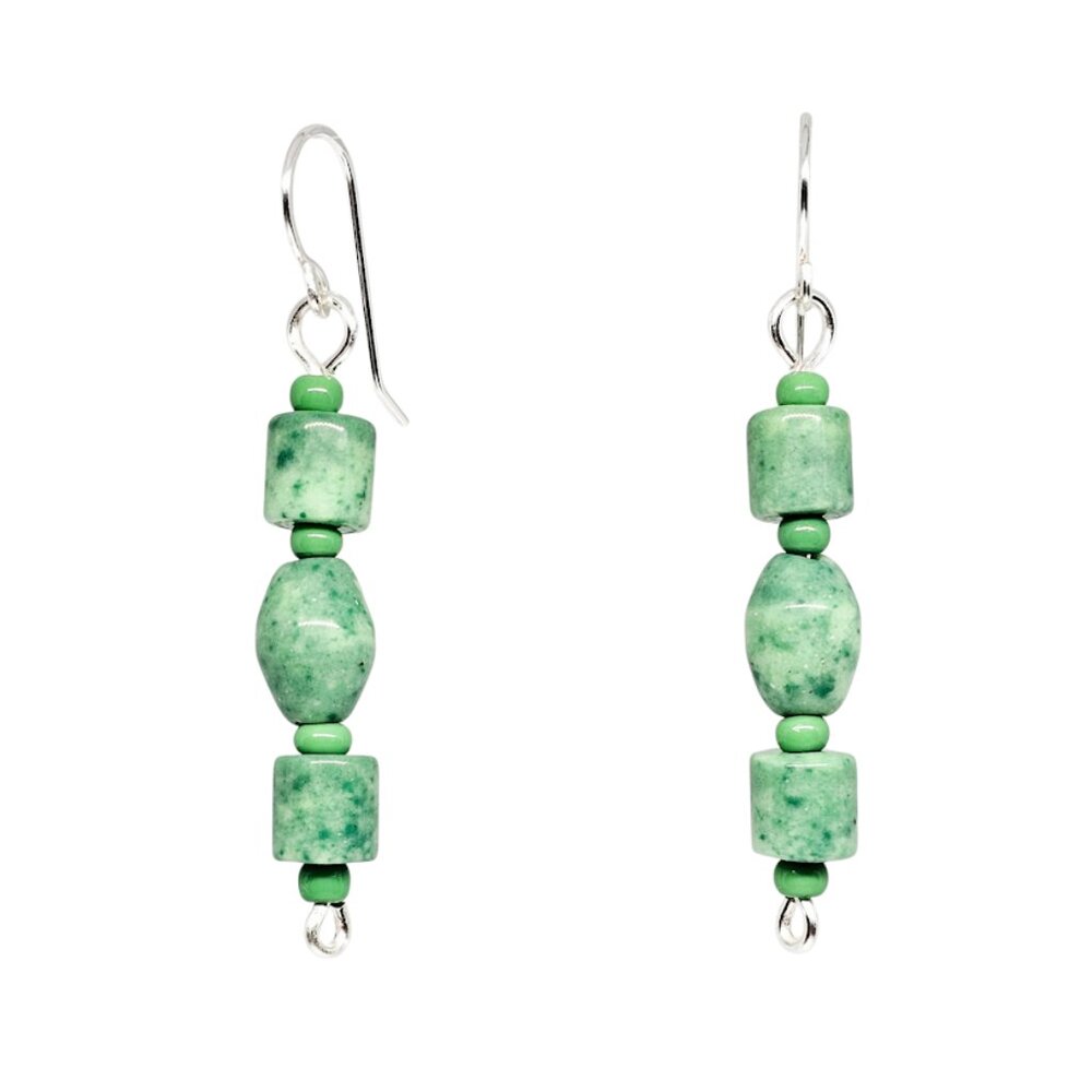 Green Czech Glass Beaded Silver Tone Dangle Boho Earrings